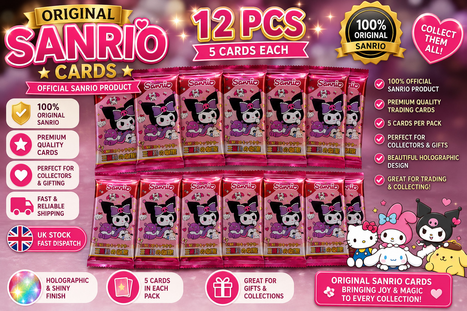 💎 Original Sanrio Trading Cards | Hello Kitty Kuromi | 32 Sealed Packs | UK