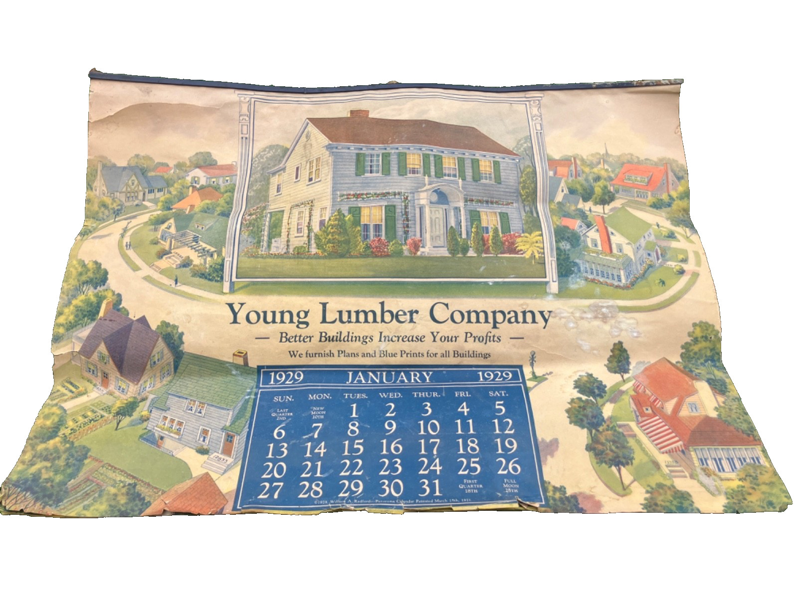 LARGE ANTIQUE 1929 YOUNG LUMBER ADV CALENDAR HOUSES & BLUEPRINTS