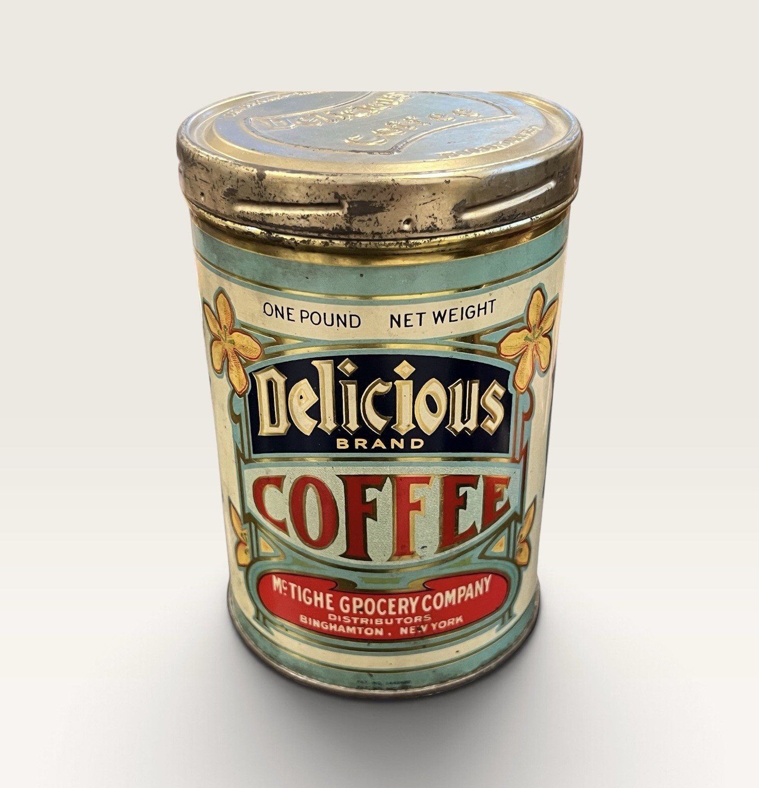 Antique 1920s Delicious Brand Coffee Tin Can 1 lb McTighe Grocery NY Litho
