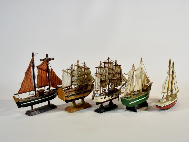 Lot of 5 Handmade Wooden Sailing Ship Models Tall vessel Boat Nautical Decor
