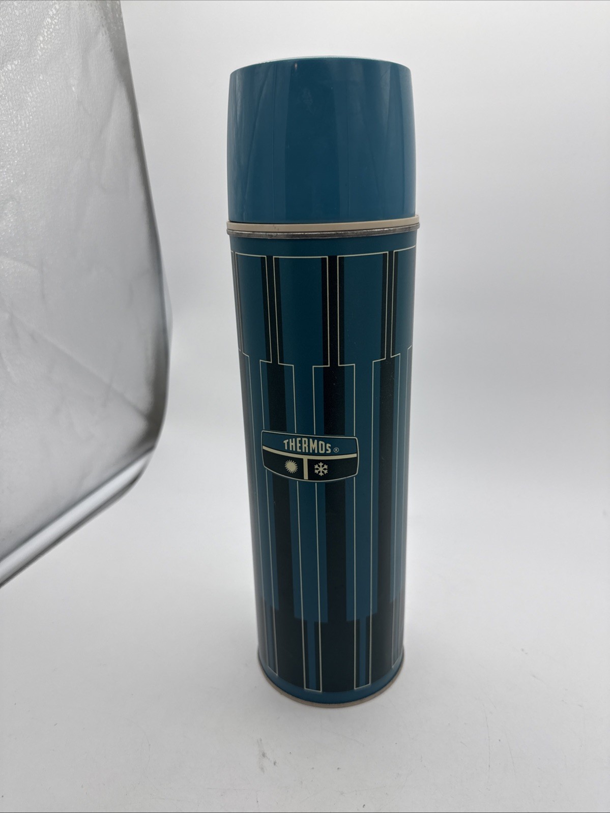 Vintage Mid Century Thermos Blue Picnic Geometric Metal Hot Cold Beverage Bottle