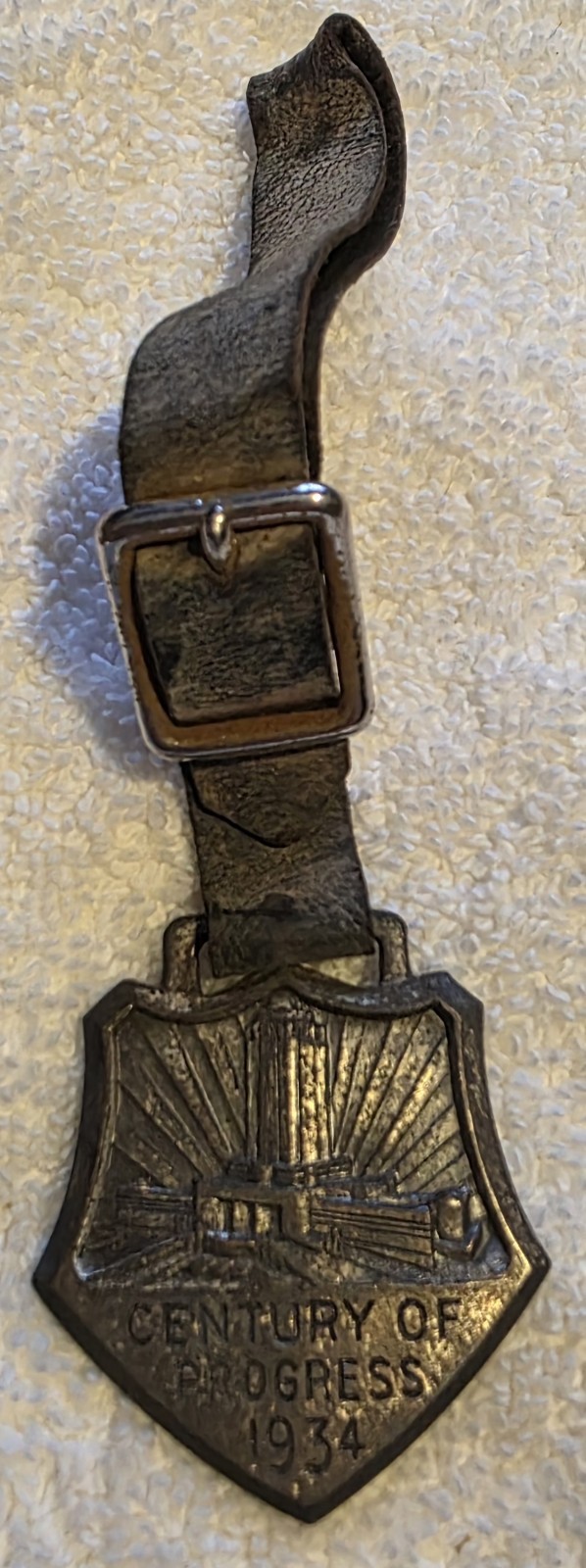 Antique 1934 Chicago Worlds Fair Watch Fob Century Progress Leather Strap
