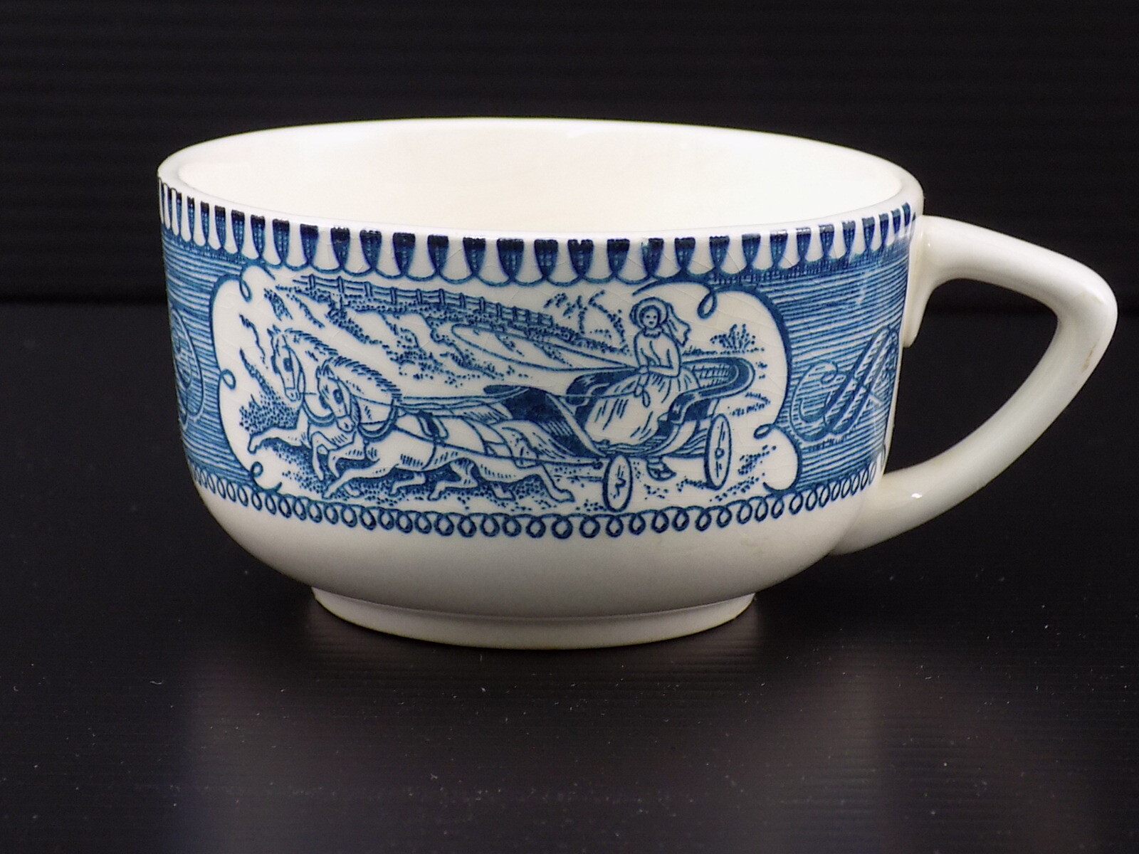 Royal Currier and Ives Blue White Coffee Cup Star of the Road Horse & Carriage