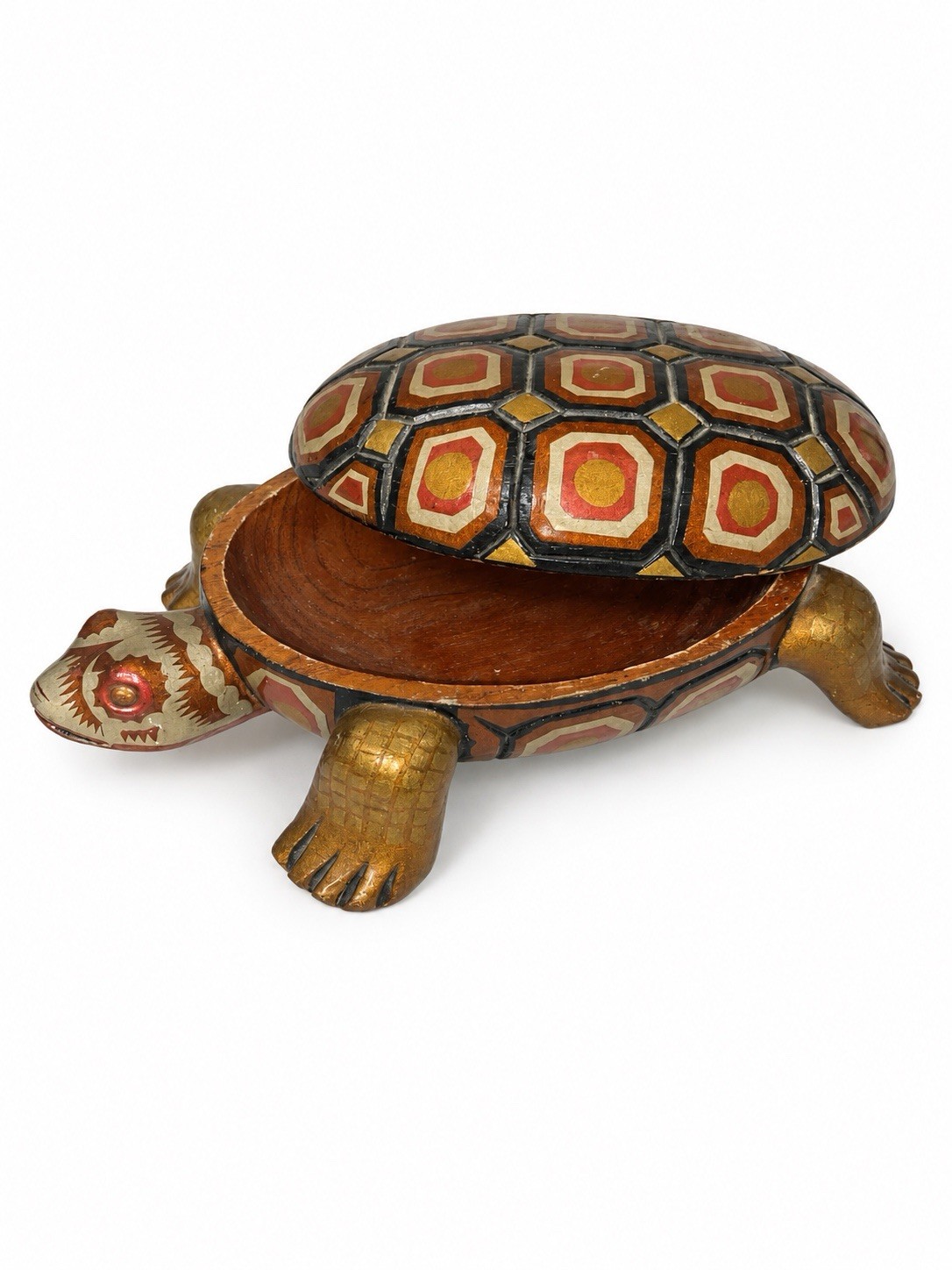Large Vintage Hand Painted Carved Wood Turtle Trinket Box Gilt 9.5” Folk Art Large Vintage Hand Painted Carved Wood Turtle Trinket Box Gilt 9.5” Folk Art