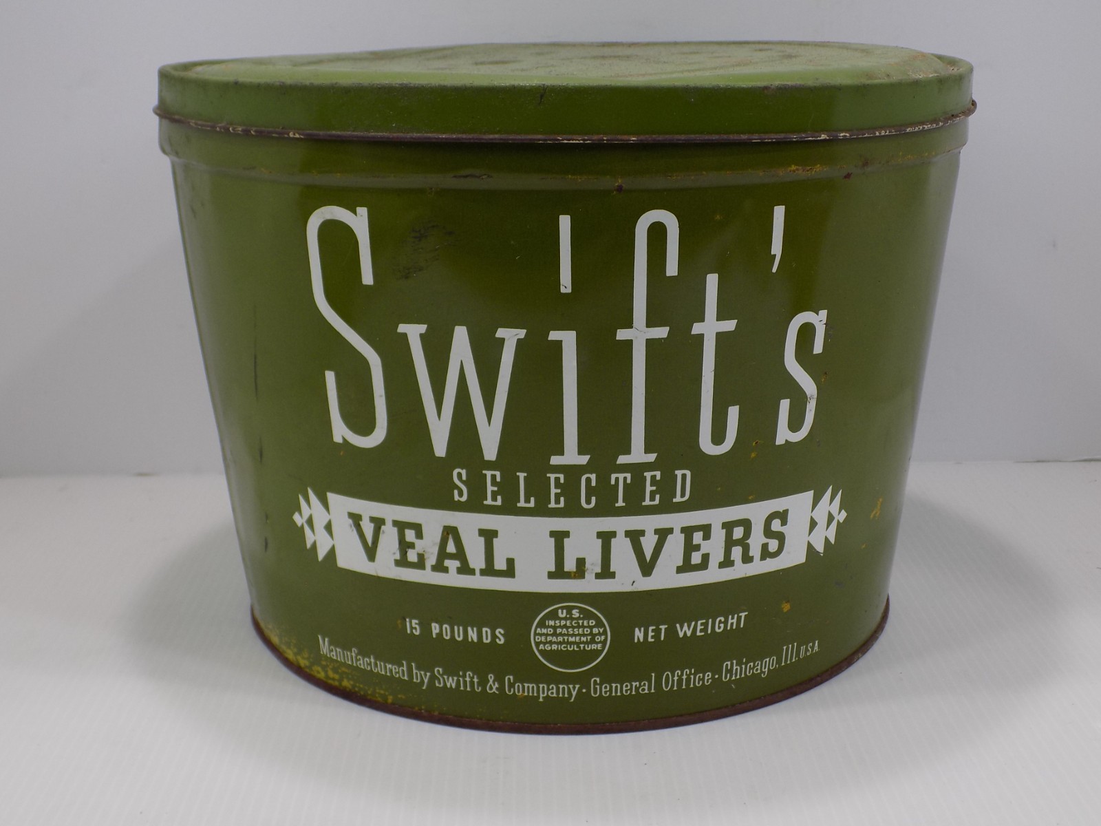 Vintage Swift's Selected Veal Livers 15 LB Green Advertising Tin Can w Lid Vintage Swift's Selected Veal Livers 15 LB Green Advertising Tin Can w Lid