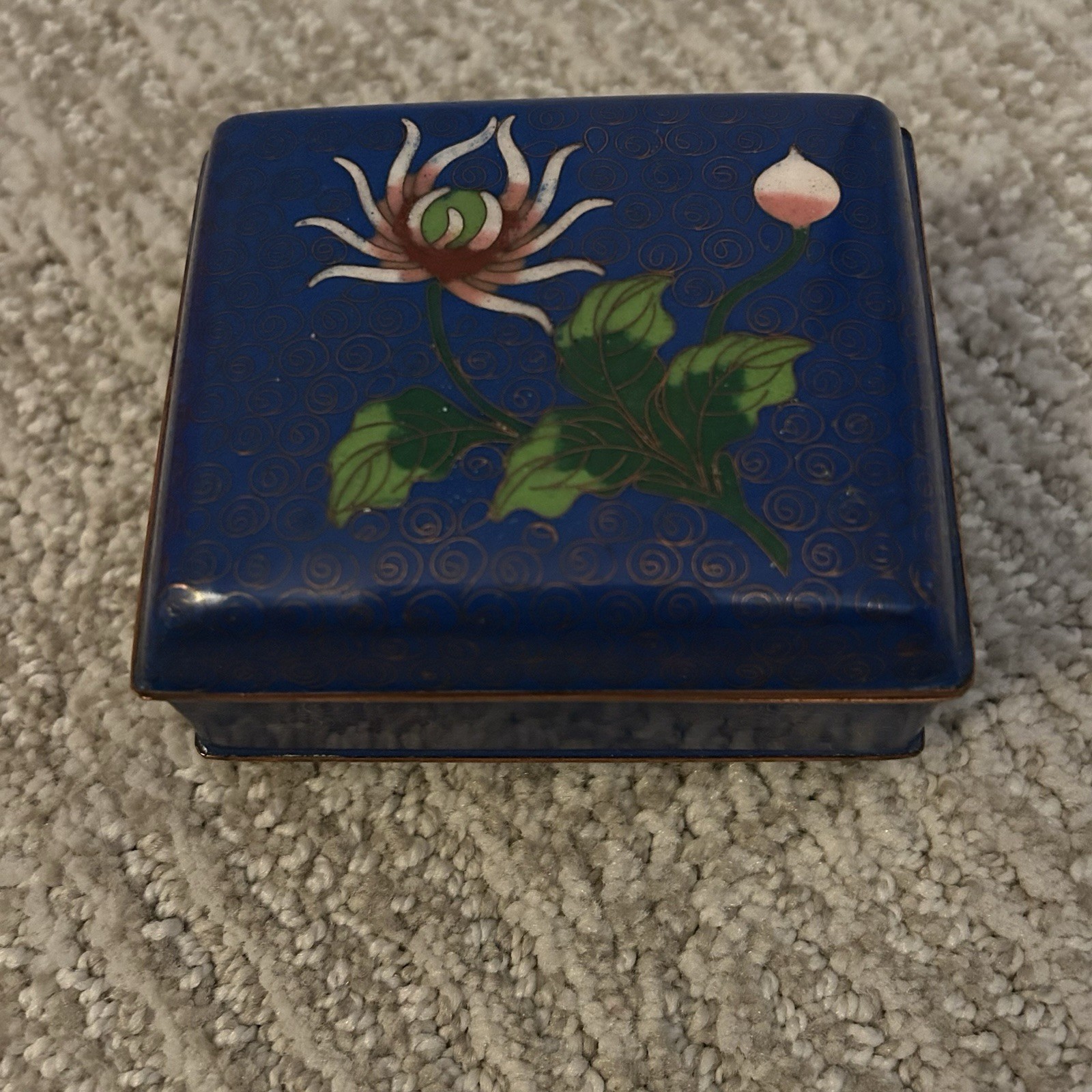 Vtg. Chinese Cloissane Enamel Trinket Box Ball Feet W/Lotus Flower?