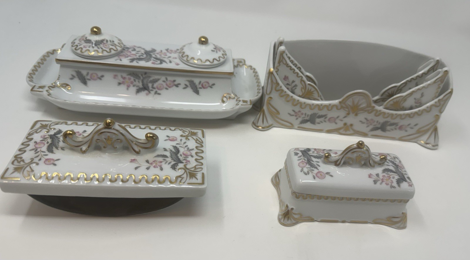 Antique Rossetti Hand Painted Gold Gilt Porcelain Desk Set w Inkwell 1914 13 pcs