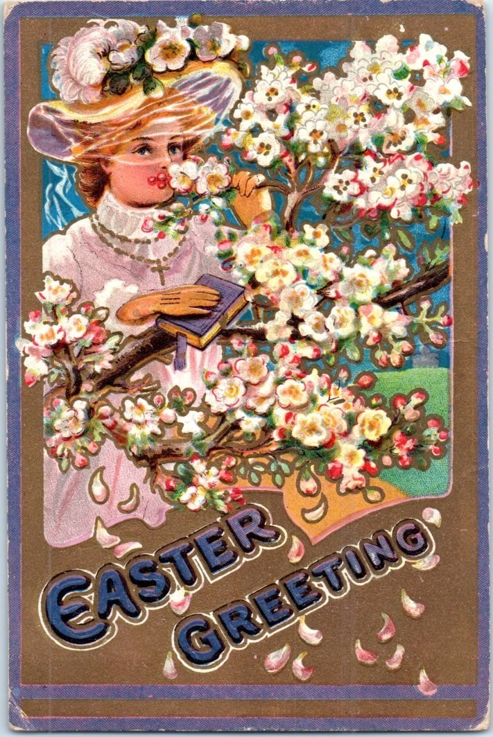 Vintage Victorian Postcard 1910 Best Easter Wishes - Girl with flowers Vintage Victorian Postcard 1910 Best Easter Wishes - Girl with flowers