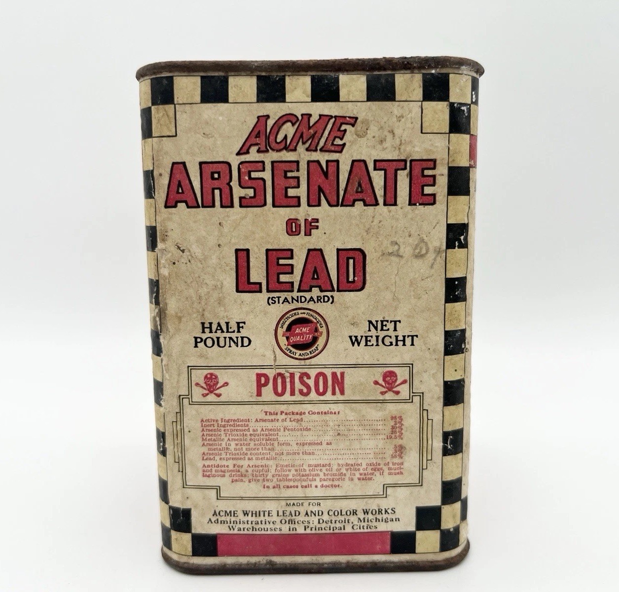 Vintage 30s ACME Arsenate of Lead Poison Tin Can Skulls Chemical Advertising