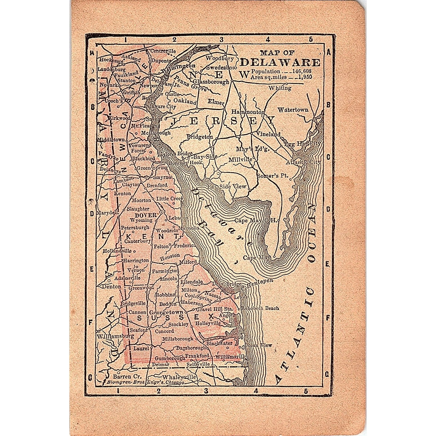Antique 1889 Map of Delaware 1889 Pocket Map Engraving SAG4-H4