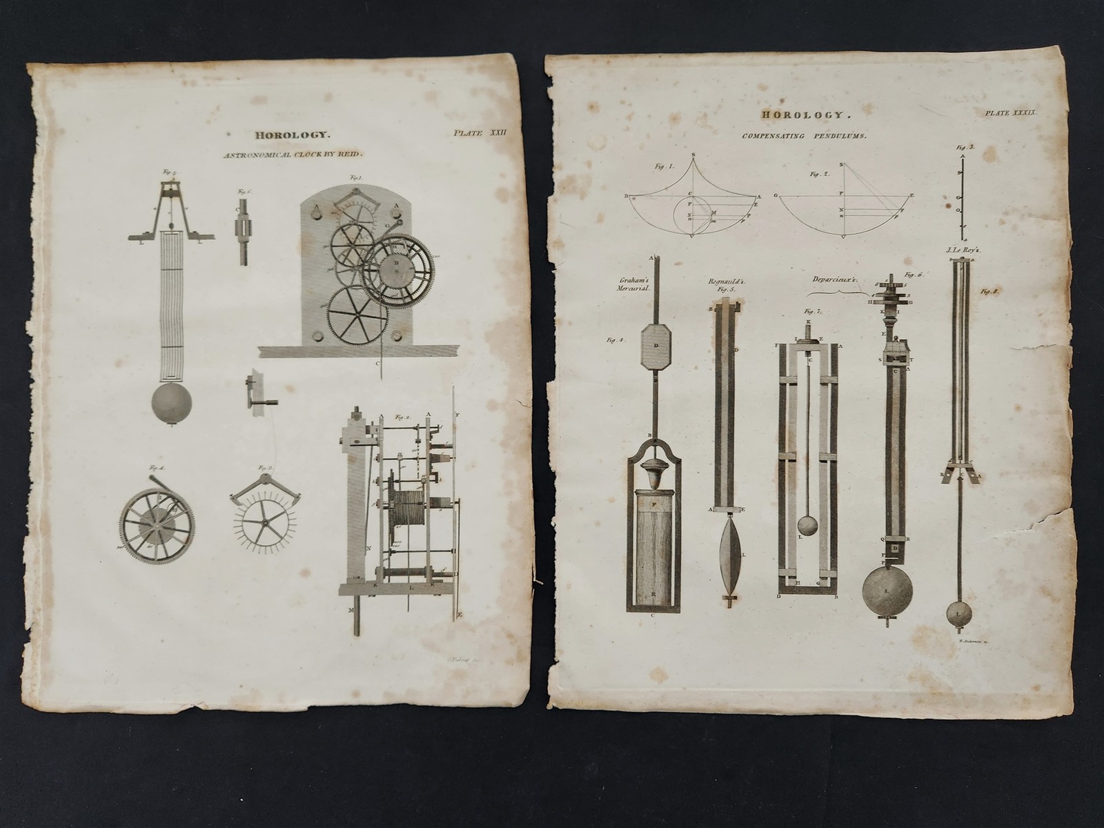 1810s antique HOROLOGY CLOCK 2pc original ENGRAVING from ree\'s encyclopedia #1