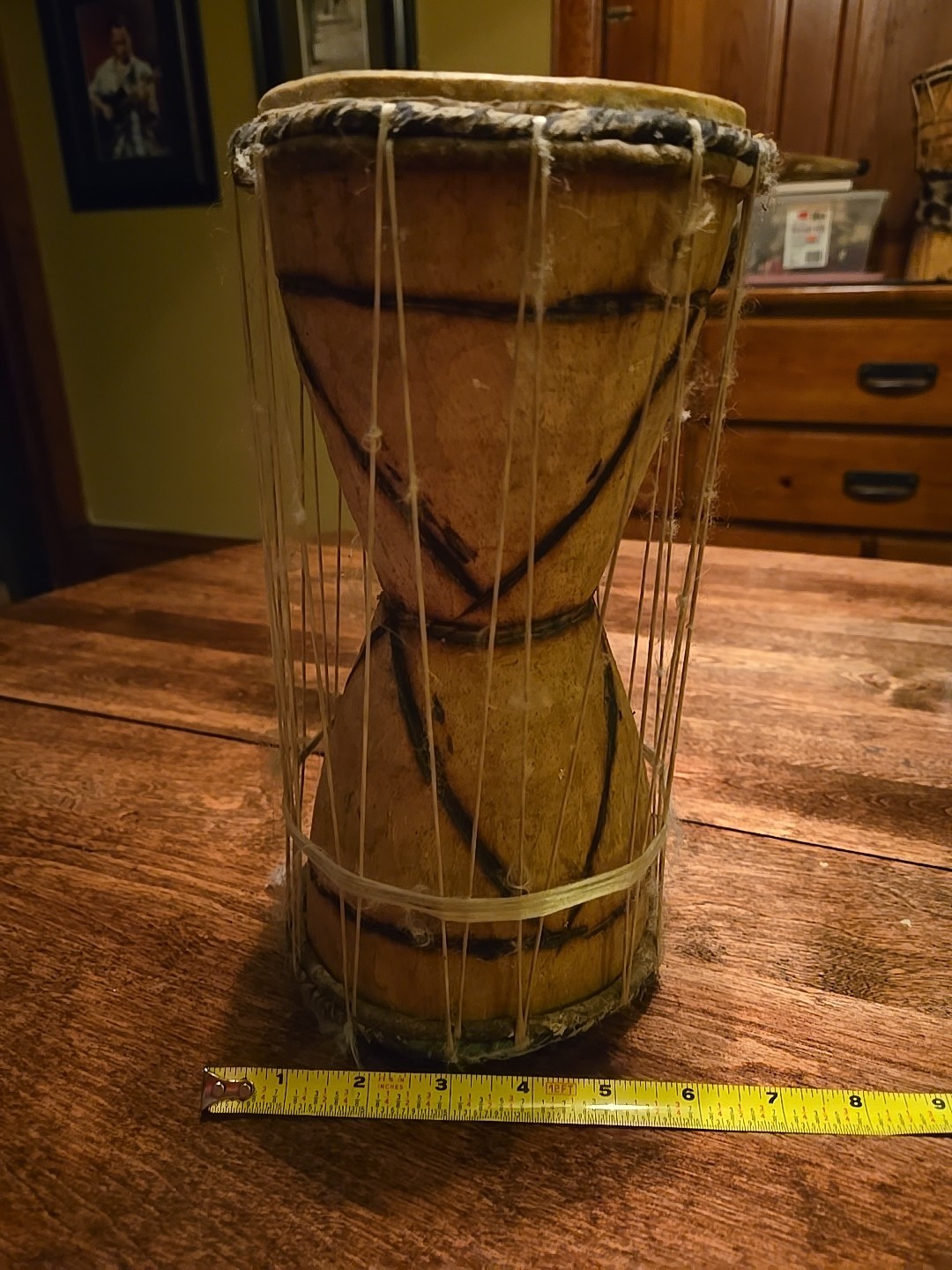 Rare Vintage Ghana Talking Drum Hand Carved/ Woodburned African Folk Art