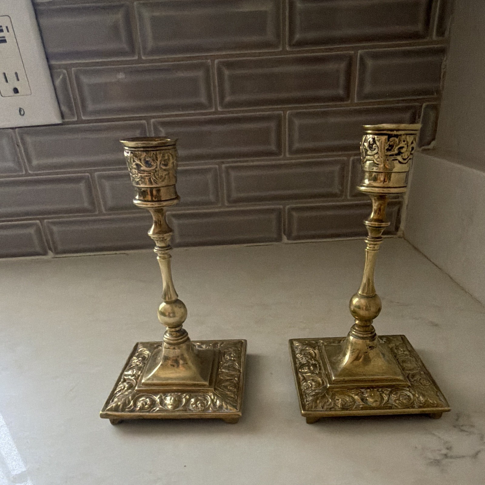 Victorian Gothic Revival Brass Candlestick Holders Square Bases Antique