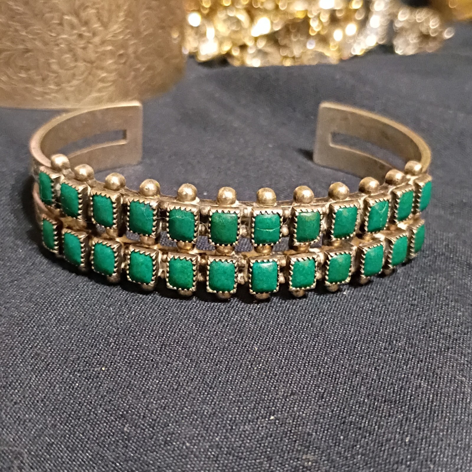 Native American US Sterling Silver Green Stone Multi-Row Cuff Bracelet