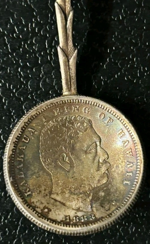 Hawaii King Kalakaua 1883 50c Hapalua Monarchy Coin Spoon Sterling Shreve & Co. 