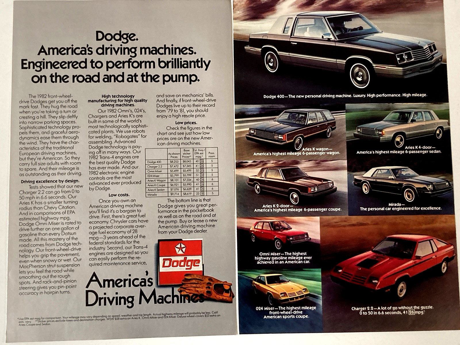 1982 Dodge Driving Machines Print Ad Mirada Aries Charger Omni 400