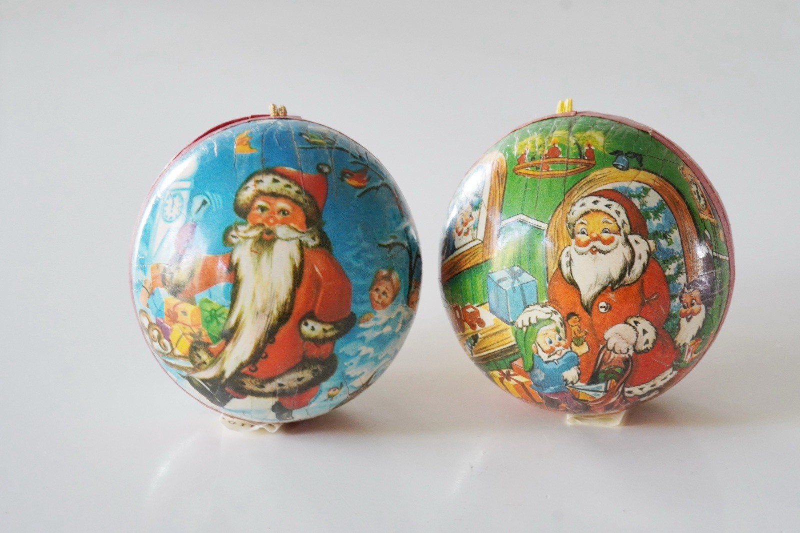 Vintage West Germany Paper Mache Santa Candy Container Christmas Ornament Lot 2 Vintage West Germany Paper Mache Santa Candy Container Christmas Ornament Lot 2