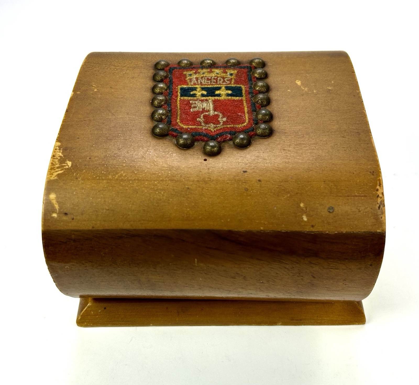 1950s  VTG Handmade Wooden Cigarette Box Case Angers Crest, Holds 21 Cigarettes