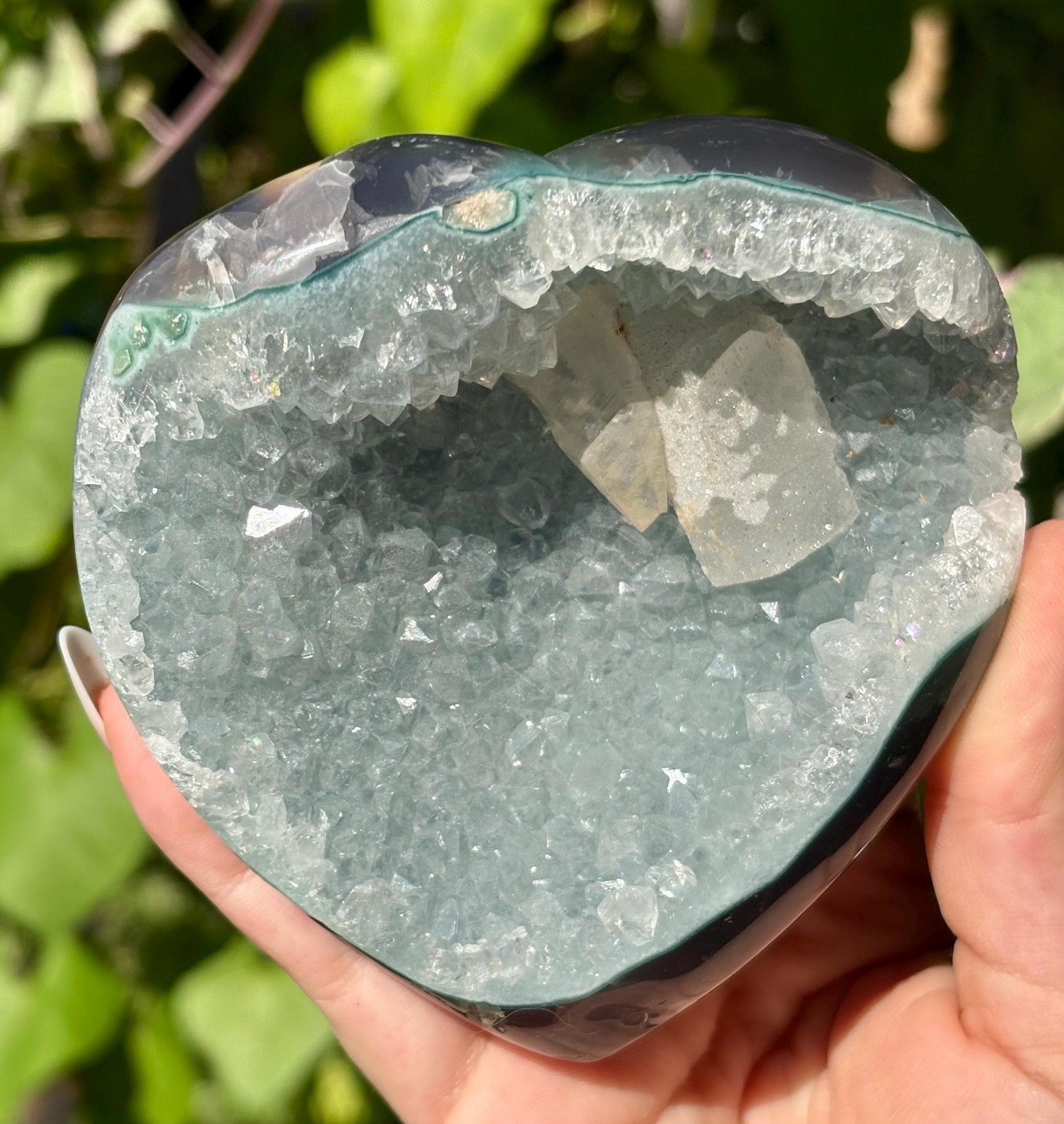 Natural Sugar Rainbow Amethyst Heart | Seafoam Blue Green Druzy Geode |