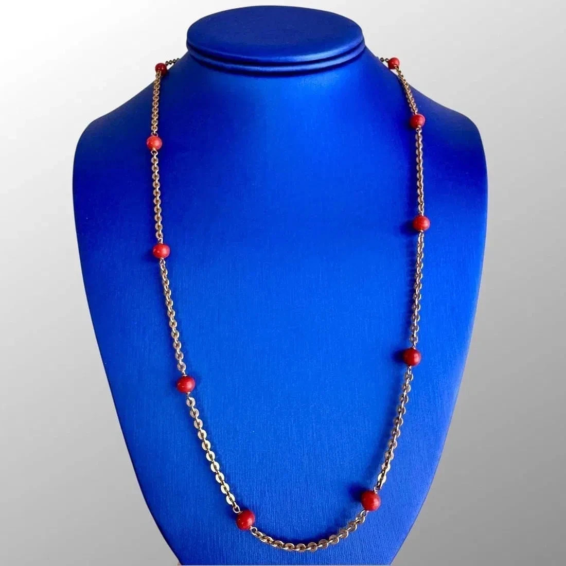 Italian 18K Yellow Gold Over Red Round Cut Coral Bead Station Necklace 18
