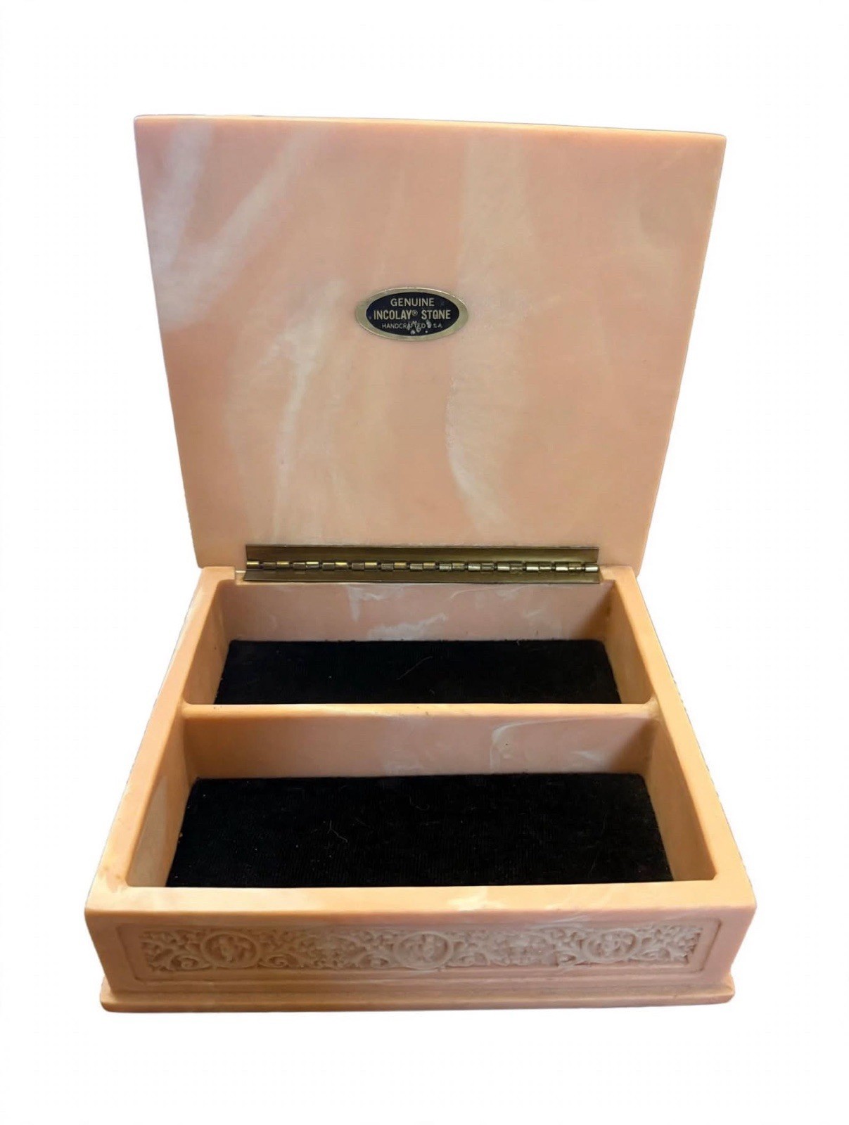 Vintage Genuine Incolay Stone Jewelry Box Pink Cherub Relief Velvet Lined USA