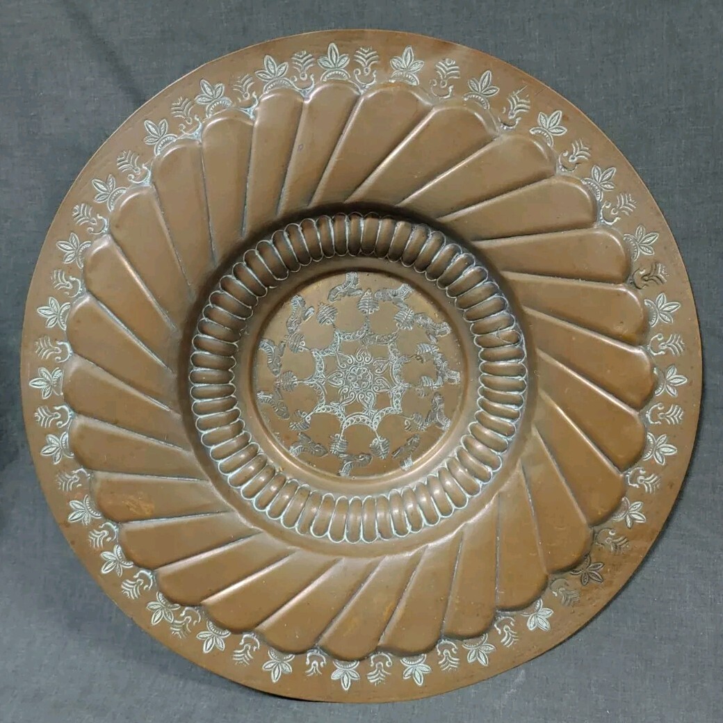 Old Vintage Hand Tooled Middle Eastern Hammered Copper Embossed Bowl Dish Tray Old Vintage Hand Tooled Middle Eastern Hammered Copper Embossed Bowl Dish Tray