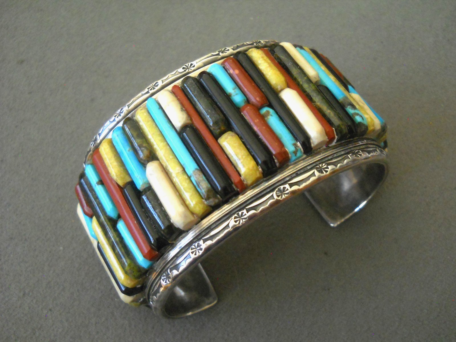 HUGE Native American Multi-Stone Cobblestone Inlay Sterling Silver Cuff Bracelet