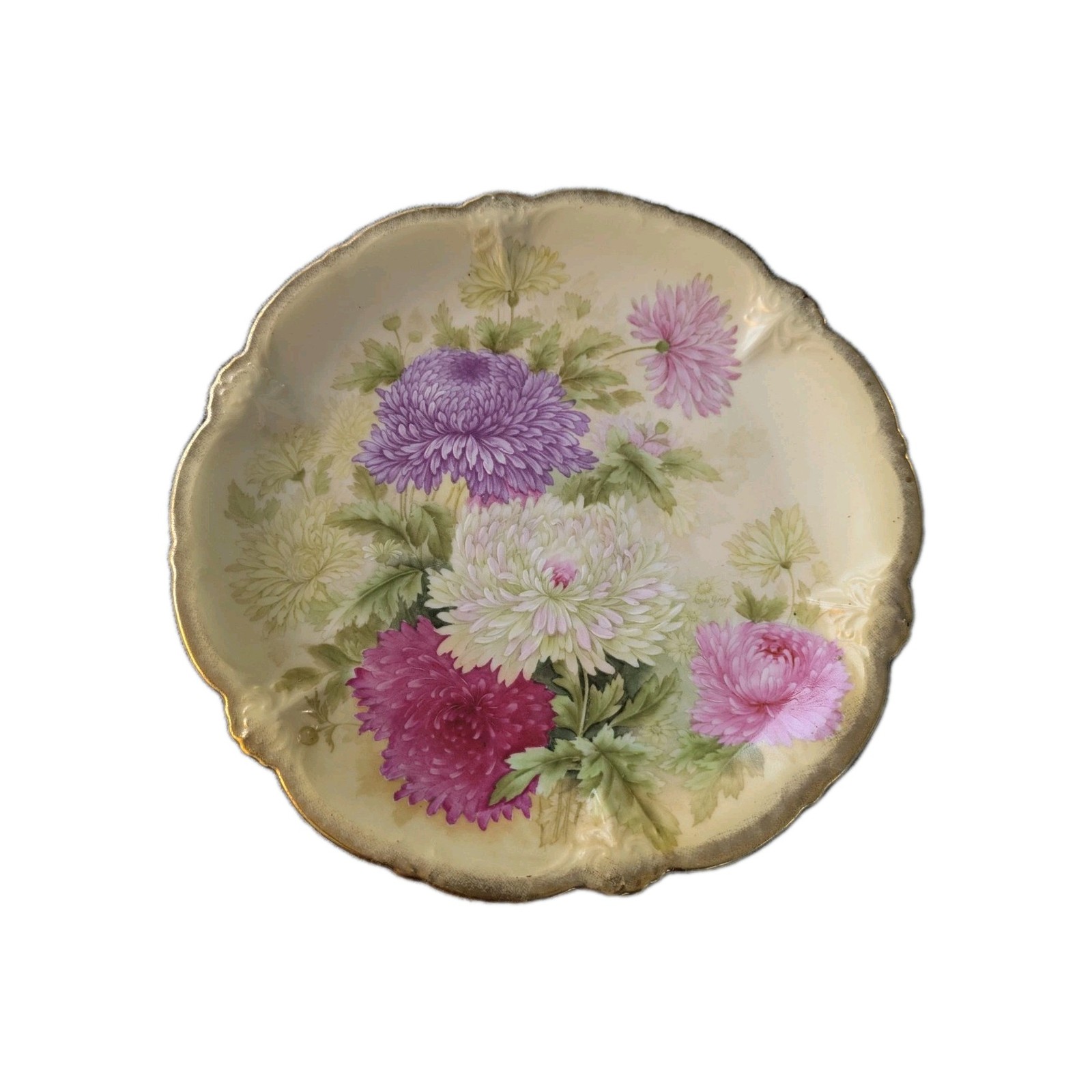 Antique PT Bavaria Tirschenreuth Hand Painted Chrysanthemums Plate Artist Signed Antique PT Bavaria Tirschenreuth Hand Painted Chrysanthemums Plate Artist Signed