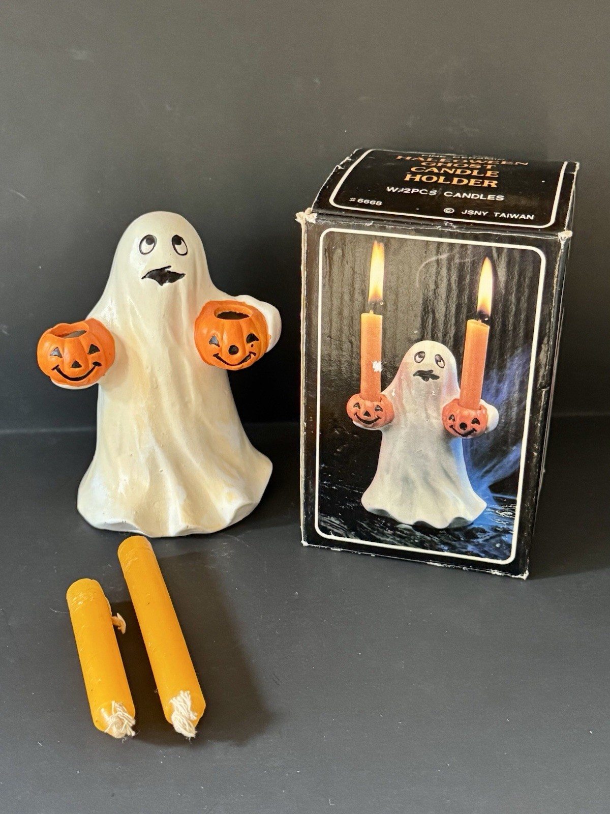 Vintage JSNY Ceramic Halloween Ghost Candle Holder Box & Candles #6668 Taiwan 