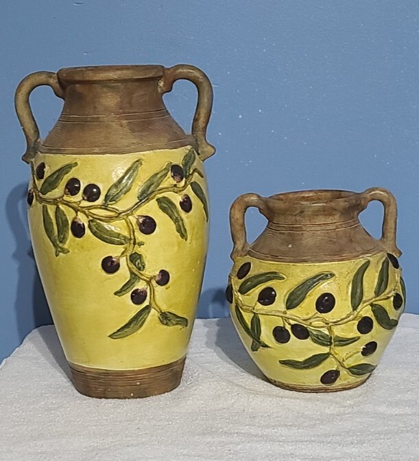 Vintage 2pc Earthenware Olive Glazed Antique Vases Jar Imported from Phillipines Vintage 2pc Earthenware Olive Glazed Antique Vases Jar Imported from Phillipines