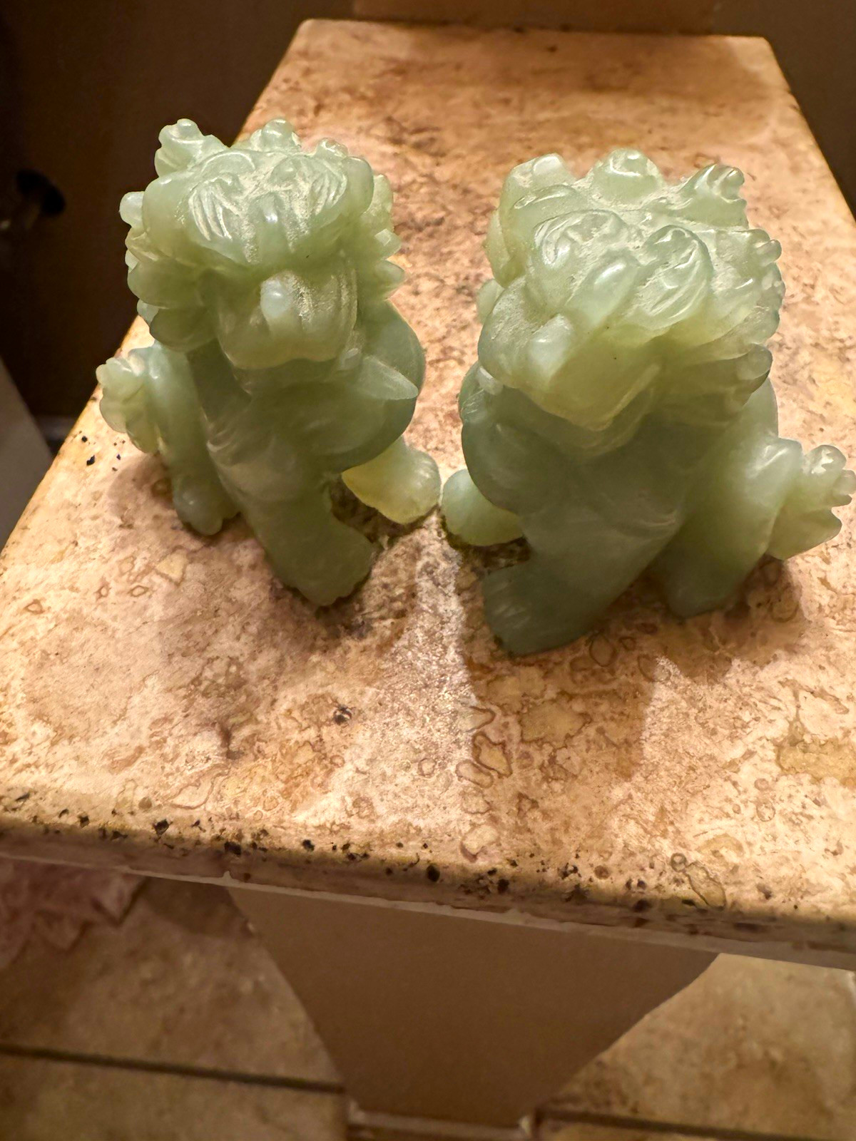 Antique Chinese Pair of Green Jade Foo Dog Figurines Statues