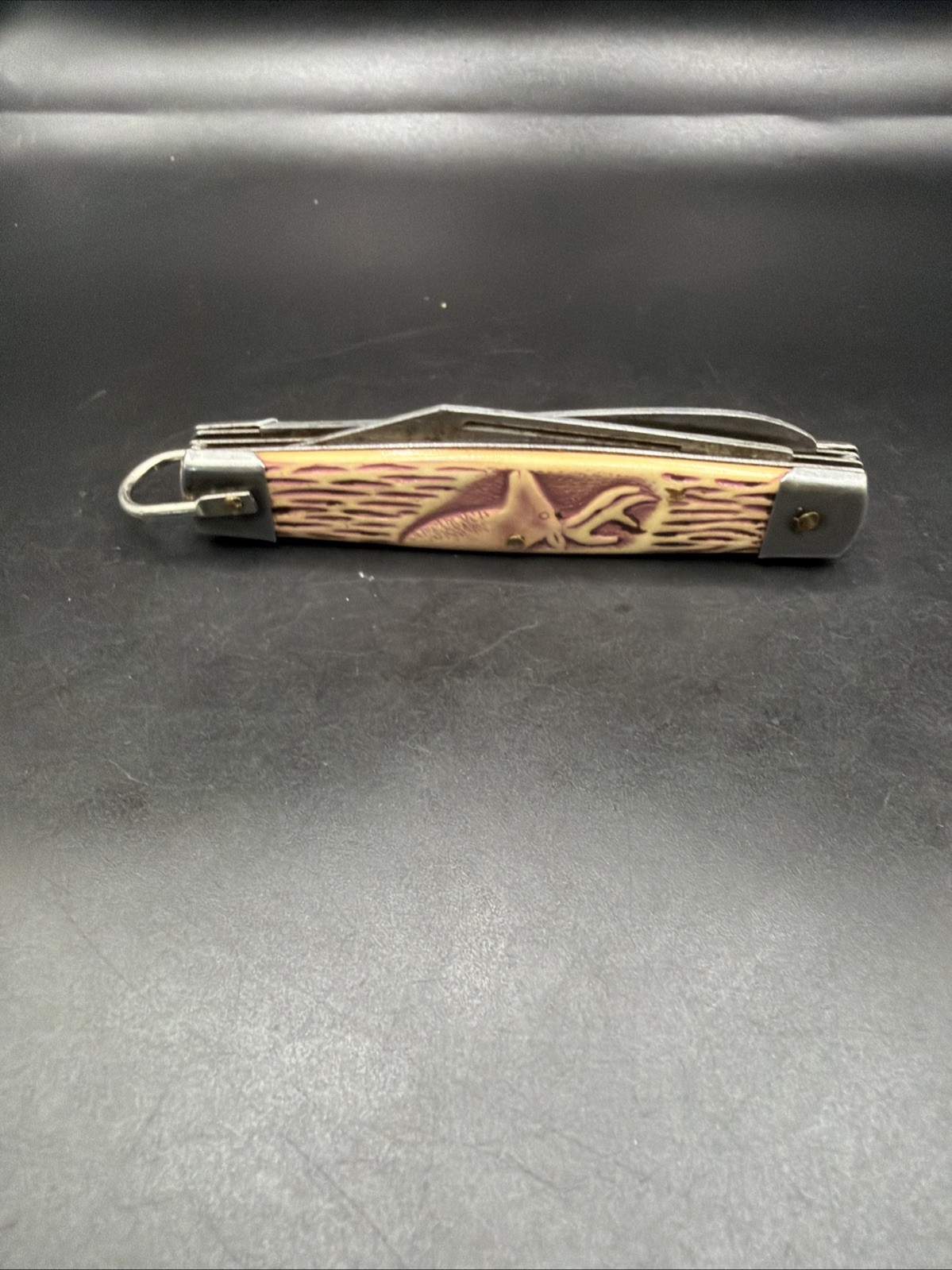 Vintage Imperial Mexico 2 Blade Deer Head Stag Embossed Pocket Knife Long Bail