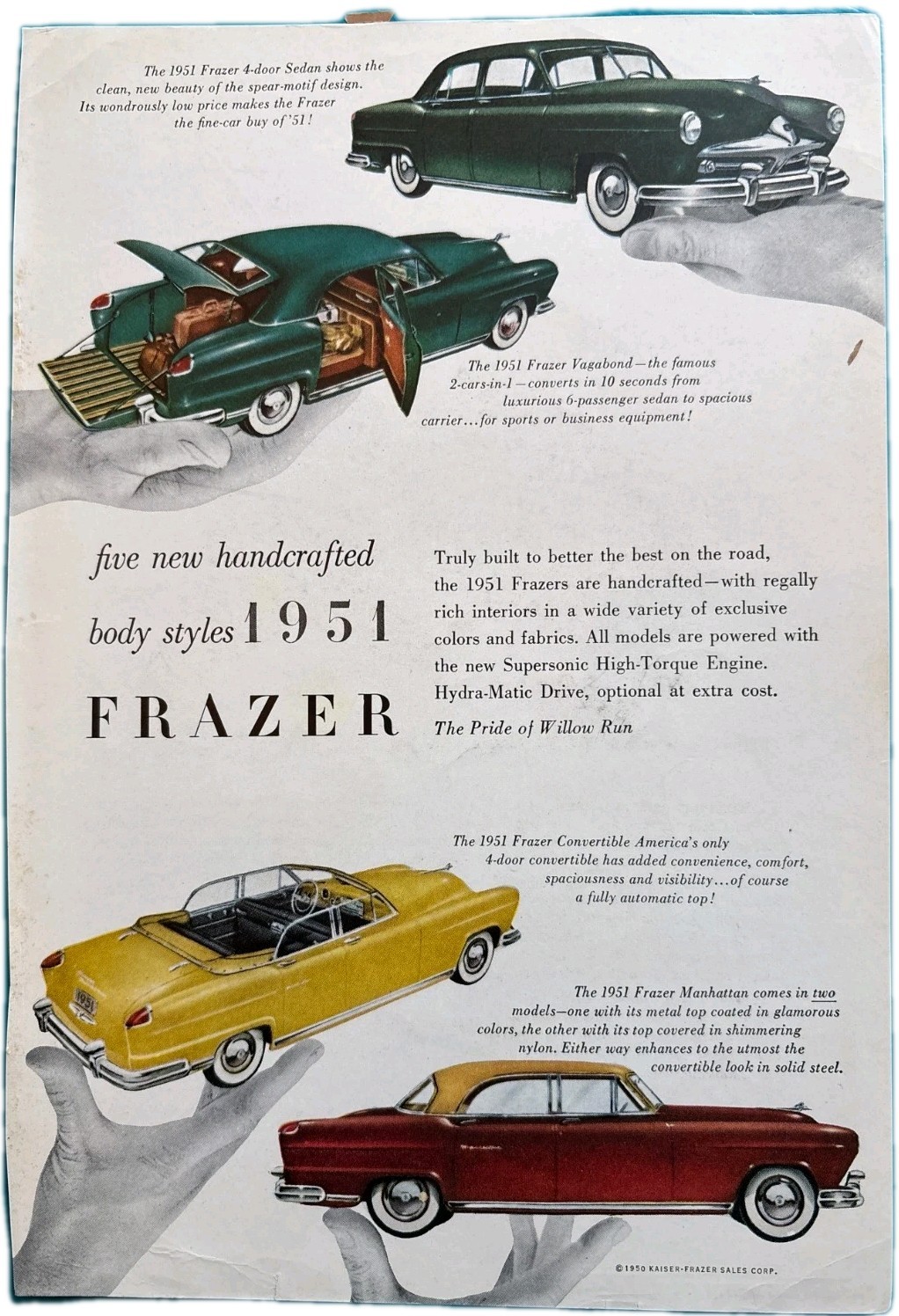 1951 Frazer Kaiser-Frazer Print Ad Five Handcrafted Body Styles Vagabond 1950s