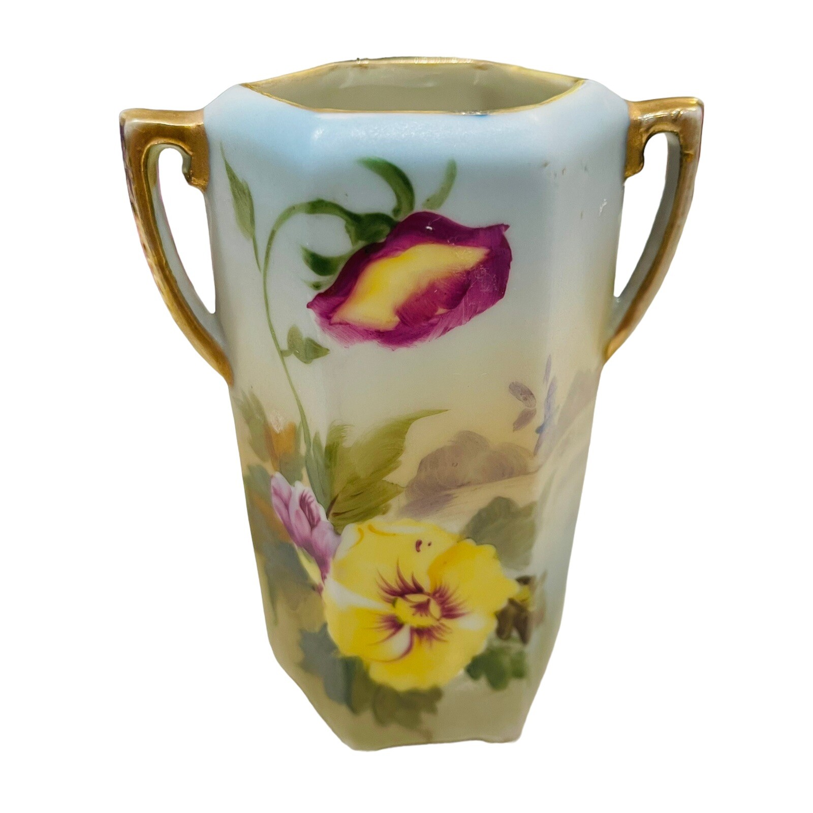 Vintage HAND PAINTED Gilt Floral NIPPON Hexagon DOUBLE HANDLE VASE 4.5”