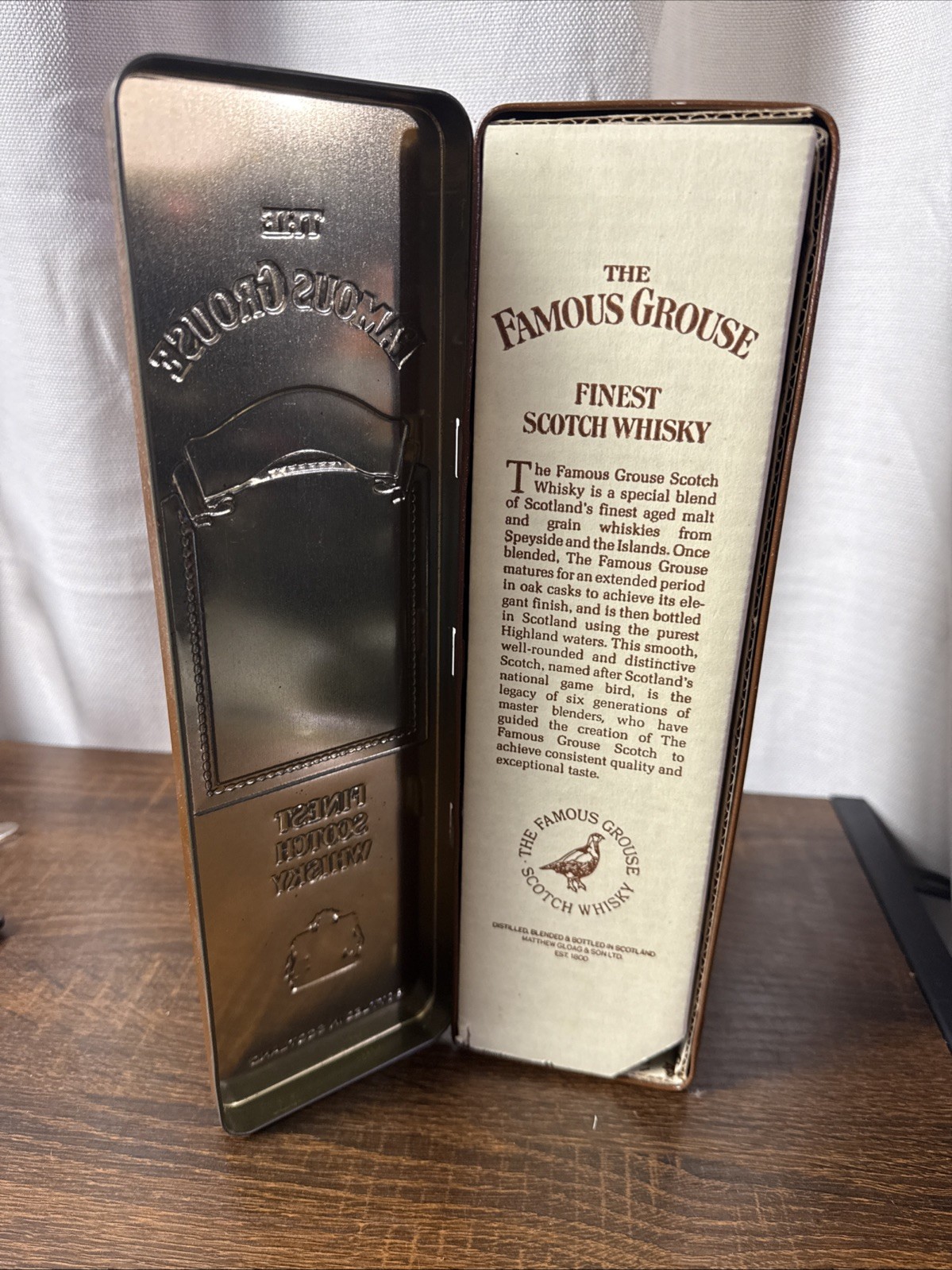 Vintage Famous Grouse Scotch Whisky Hinged Metal Tin Original Insert Empty