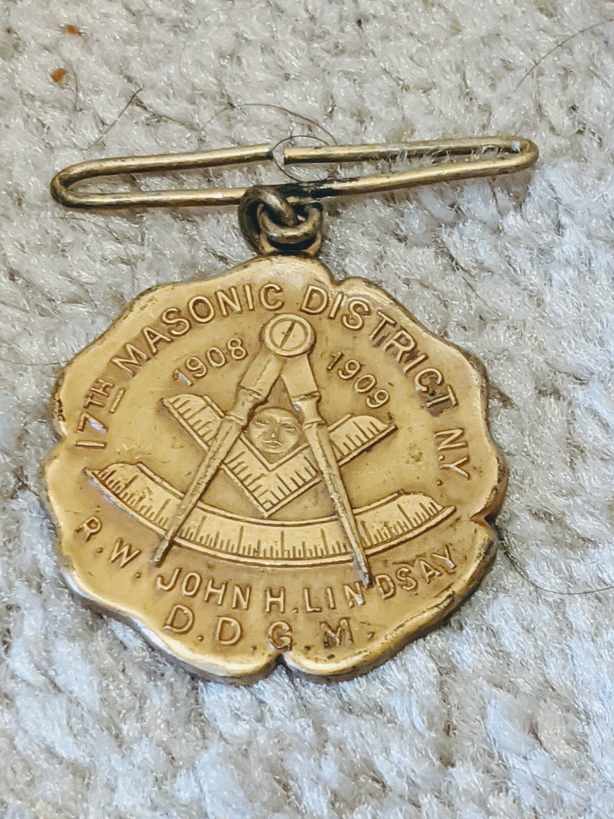 Antique 1908 1909 17th Masonic District NY Pendant R.W. John H. Lindsay DDGM Antique 1908 1909 17th Masonic District NY Pendant R.W. John H. Lindsay DDGM