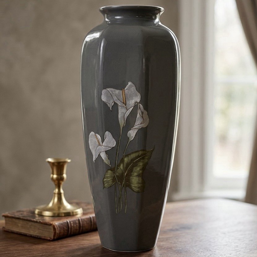 Vintage Yamaji Japan Gray Porcelain Vase White Calla Lily Floral Decor Vintage Yamaji Japan Gray Porcelain Vase White Calla Lily Floral Decor