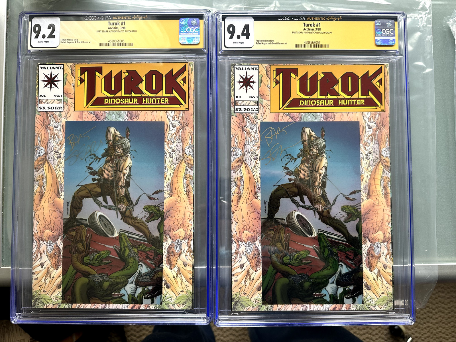 Turok #1 Chromium CGC 9.4 & 9.2 Signed Bart Sears JSA Auto - VALIANT ACCLAIM Turok #1 Chromium CGC 9.4 & 9.2 Signed Bart Sears JSA Auto - VALIANT ACCLAIM