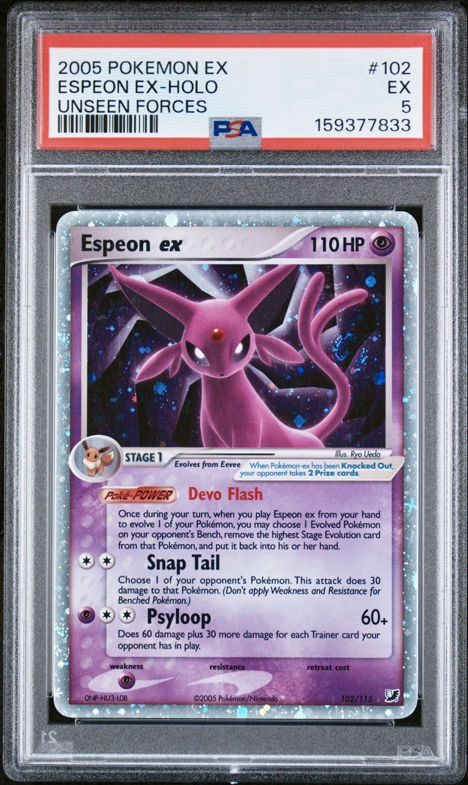 2005 Pokemon EX Unseen Forces Espeon EX Holo 102/115 PSA 5 Three Swirls 🌀
