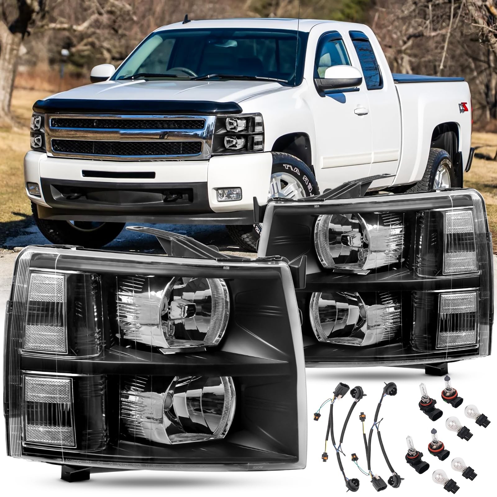 Chevy Silverado 2007-2013 Headlights Black Clear Pair