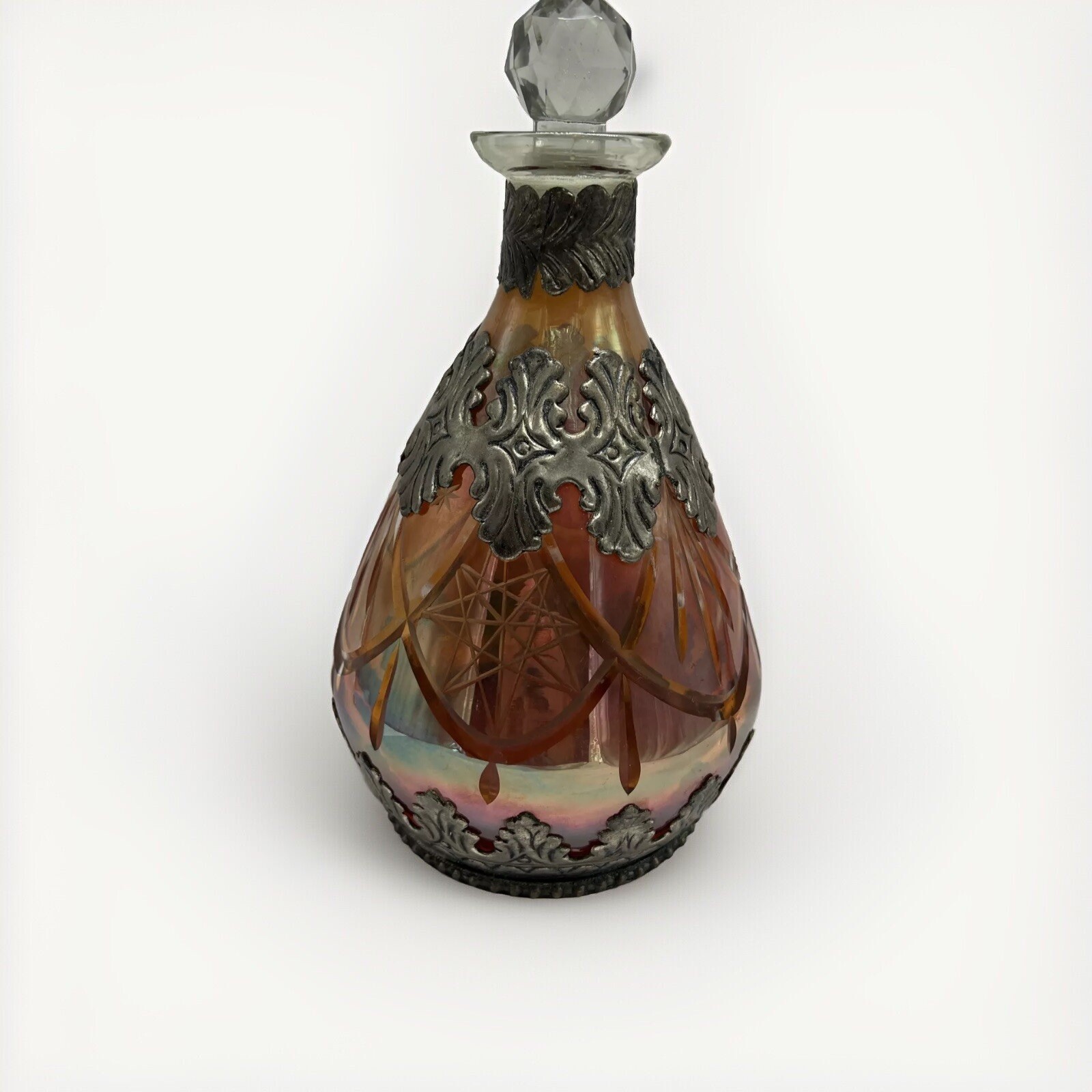 Decanter Circa 1900’s Made in Germany Cut Glass Silver Overlay Orange Pink
