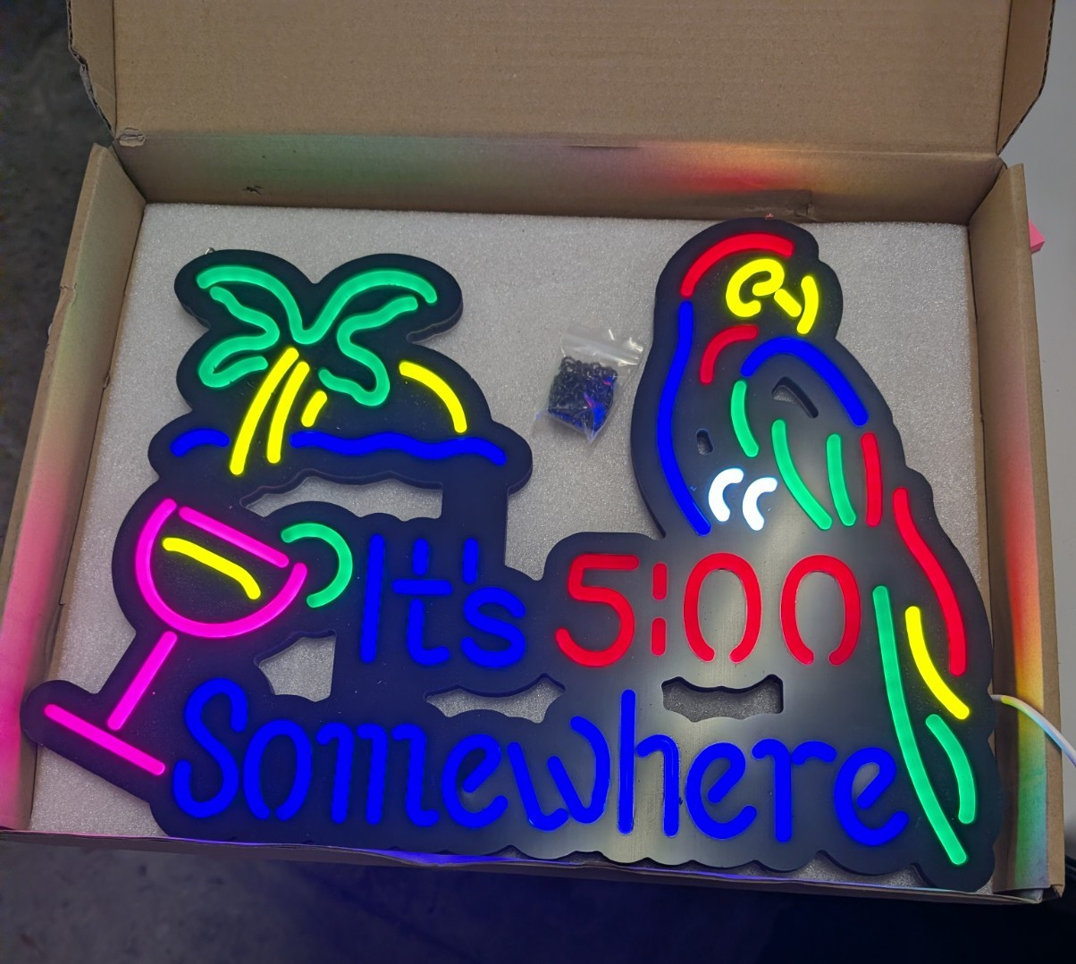 LED Neon “It’s 5 O’Clock Somewhere” Parrot Sign Tropical Bar Light Wall Decor
