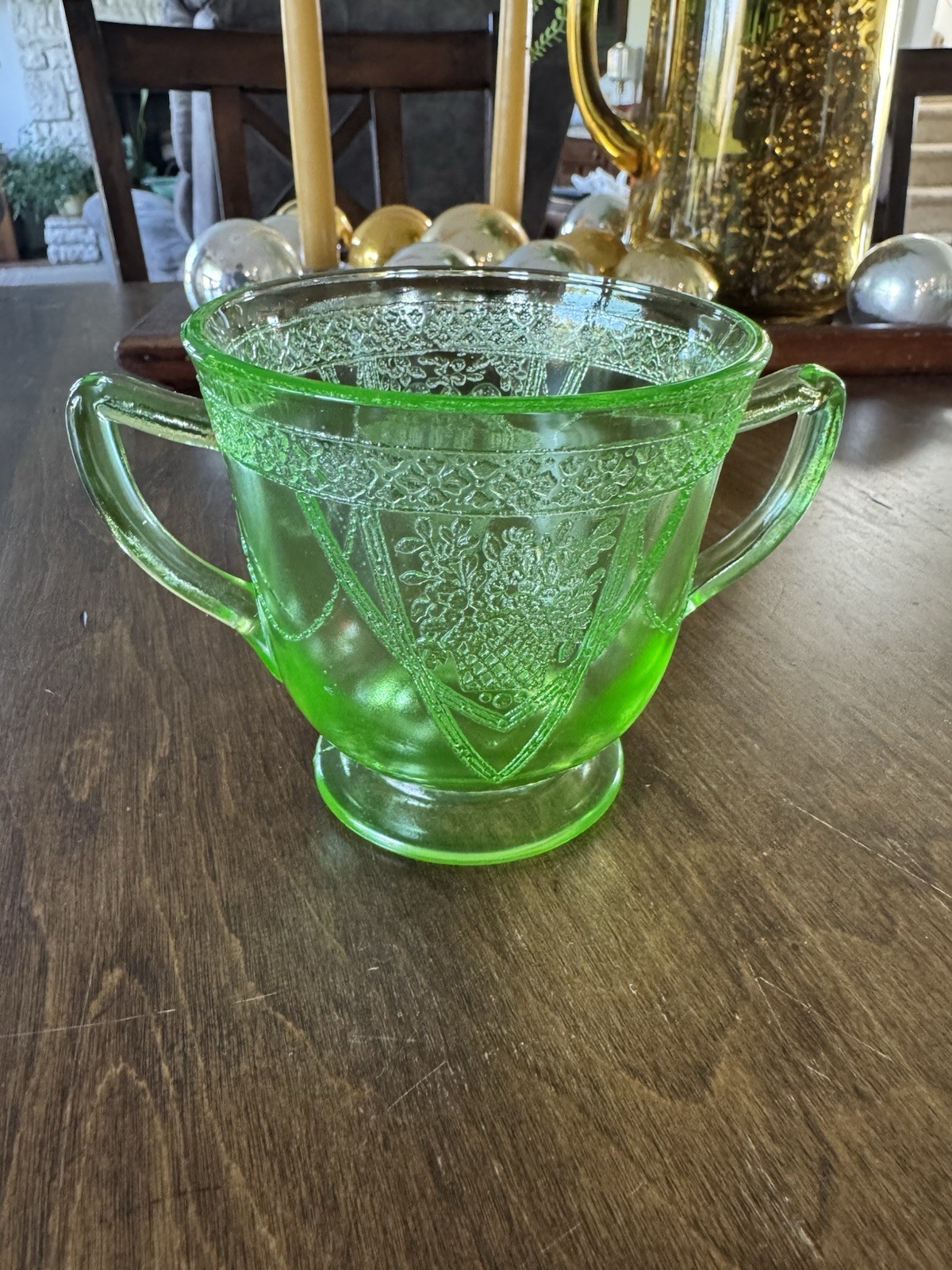 Vintage Uranium Federal Glass Georgian Love Birds Green Open Sugar Bowl 30s