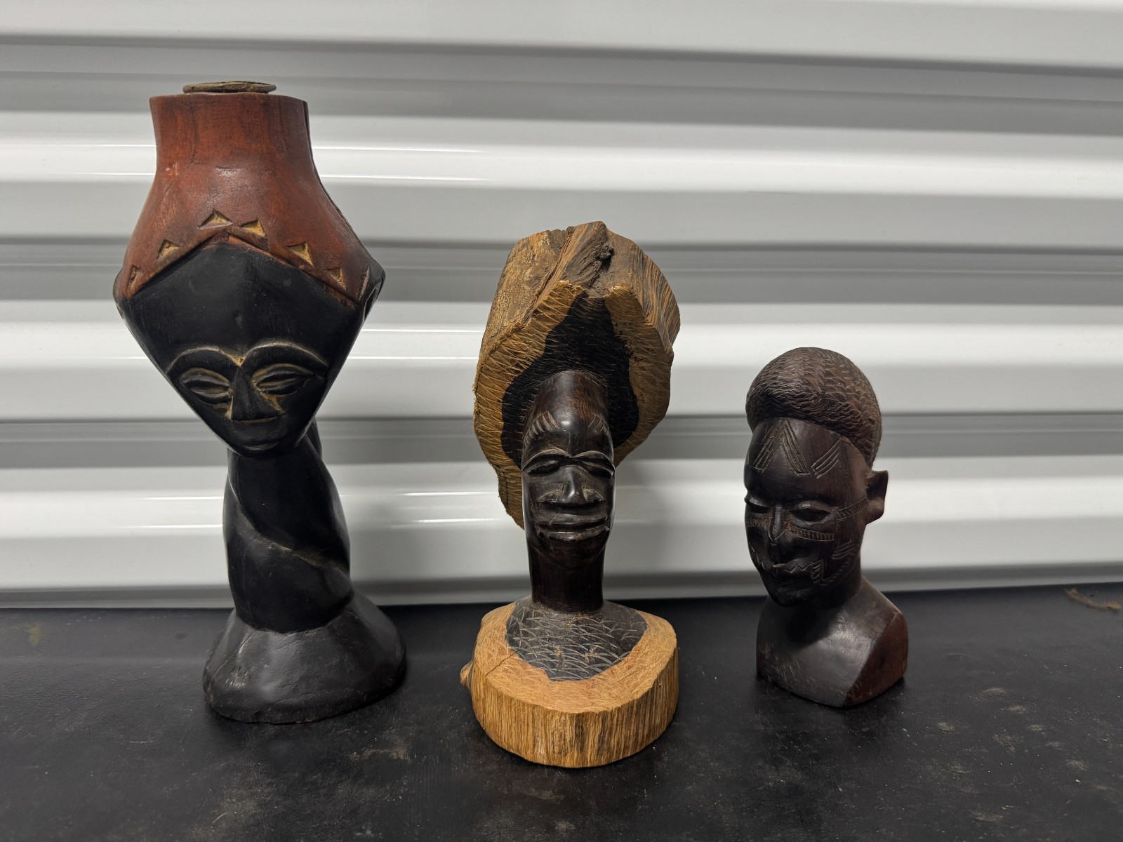 Vintage African Hand Carved Dark Wood Sculptures Set 3