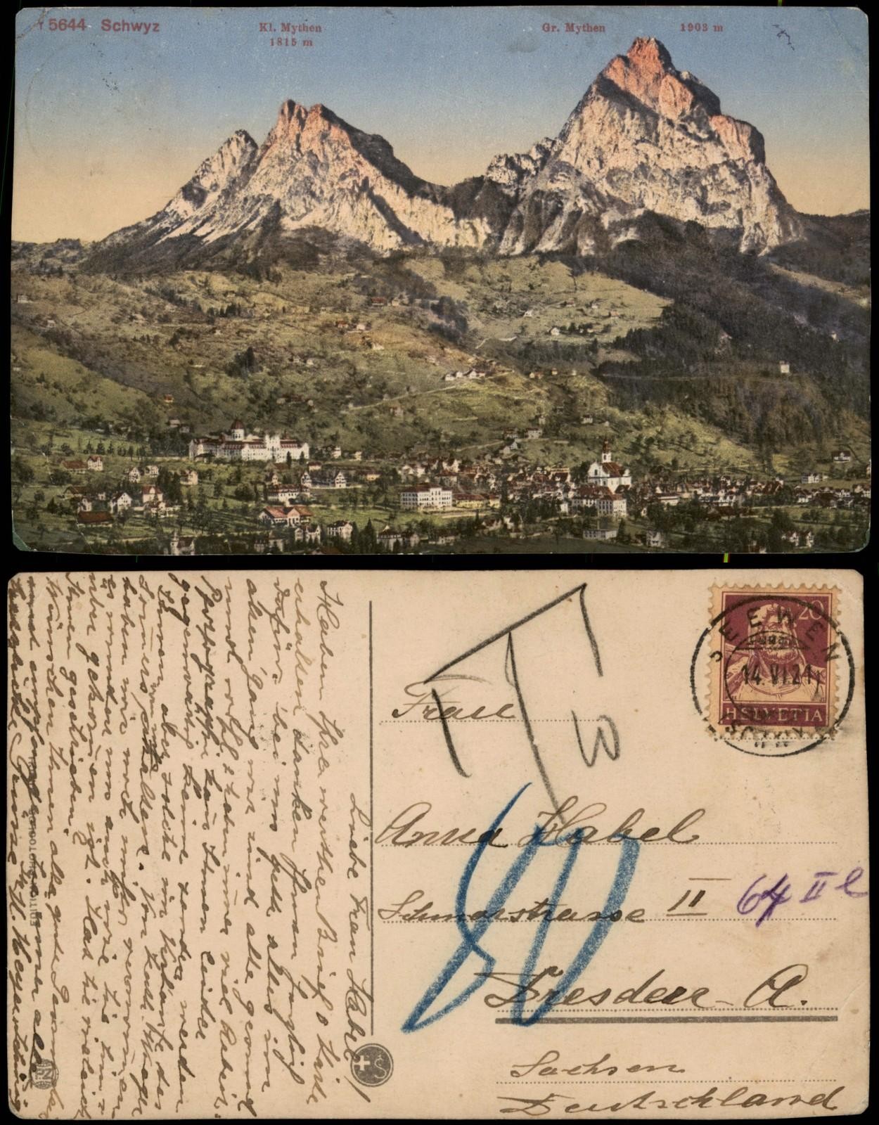 Postcard. Switzerland Swiss Alps Schwyz class myths size myths 1924