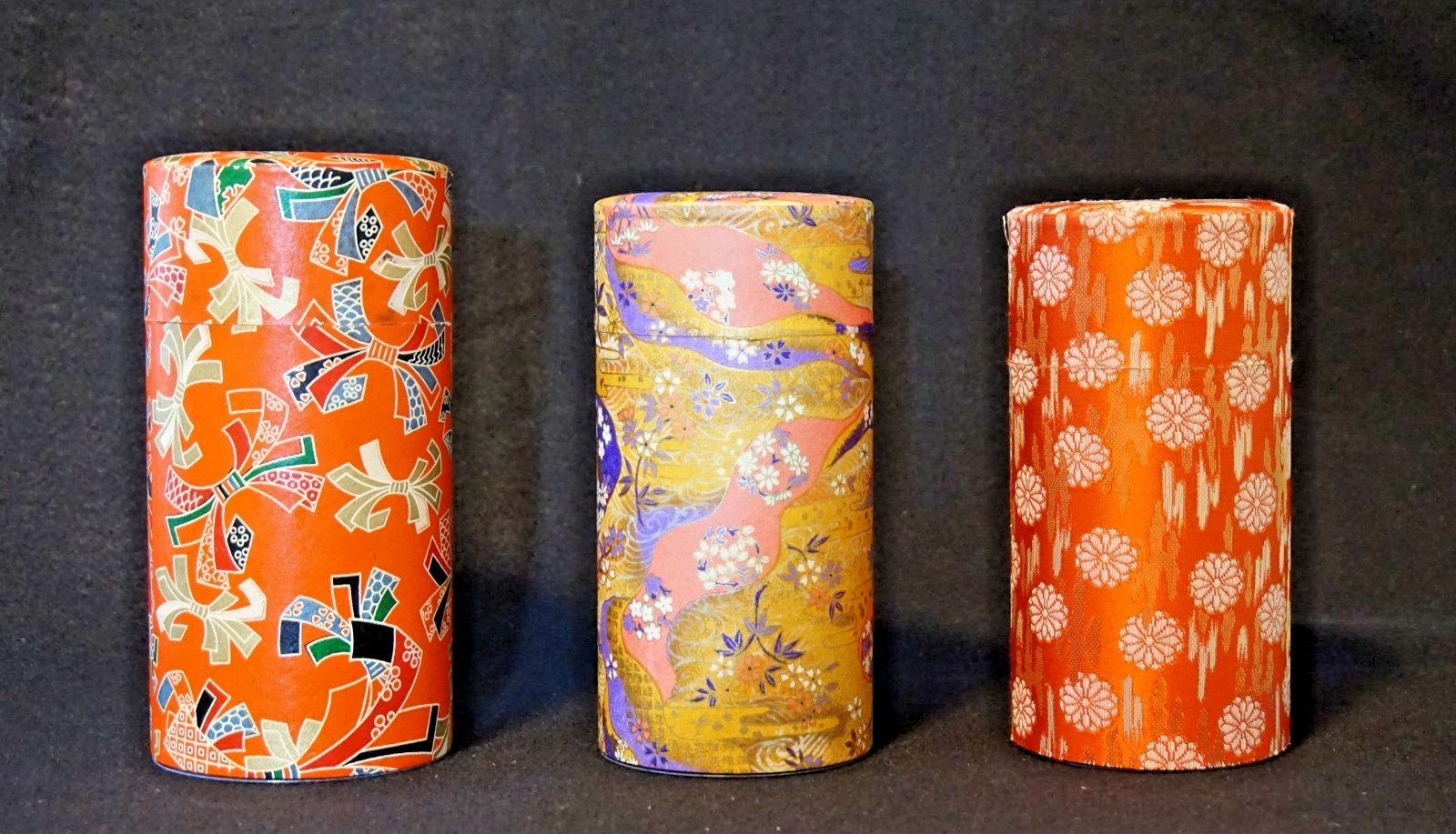 3 Vintage 1970-90s Bright Japanese Tea Canisters Handmade Washi or Silk Material