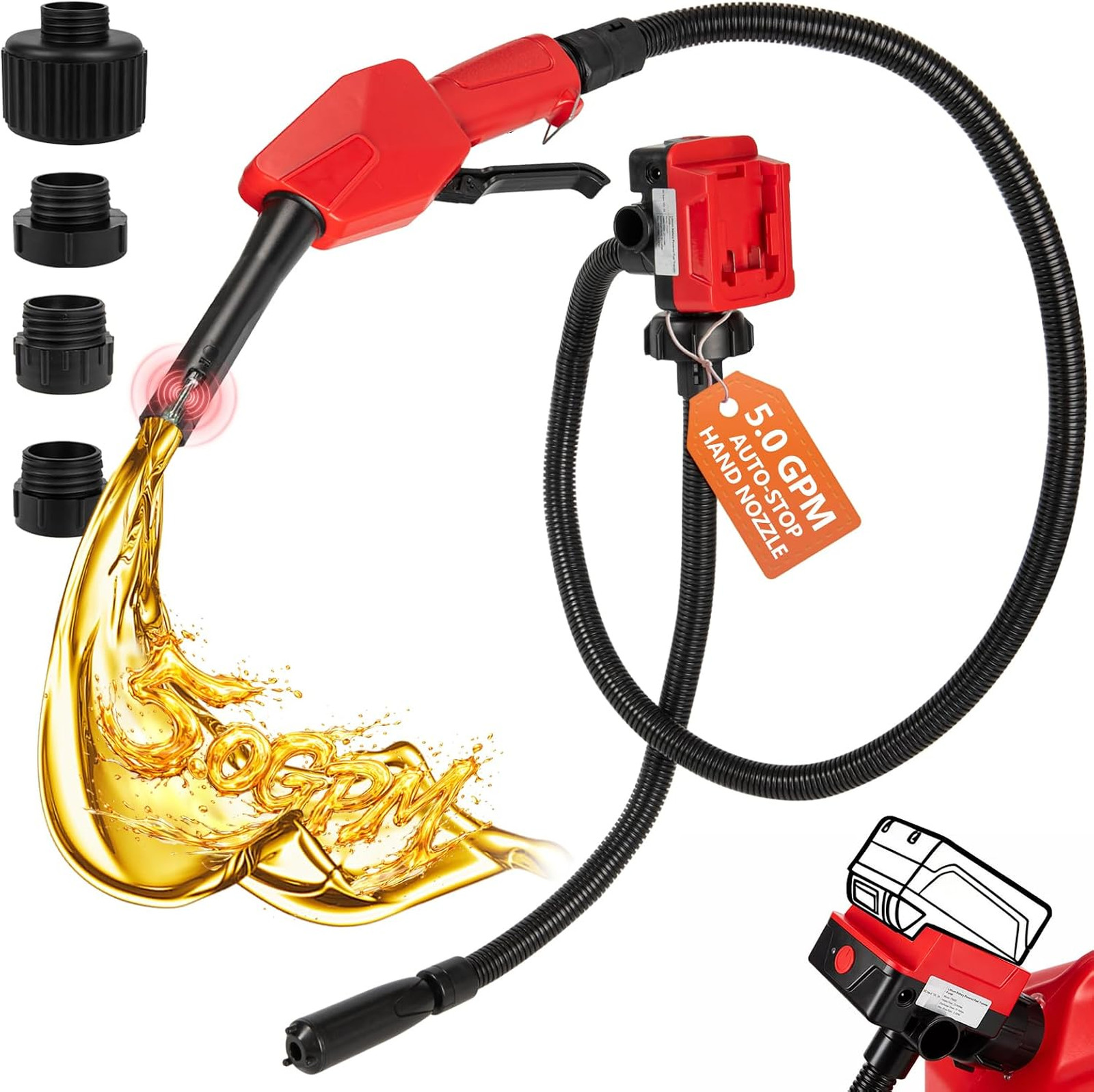 Cordless 5.0GPM Gas Pump with Auto‑Stop& Hand Nozzle, Compatible with DeWalt 20V
