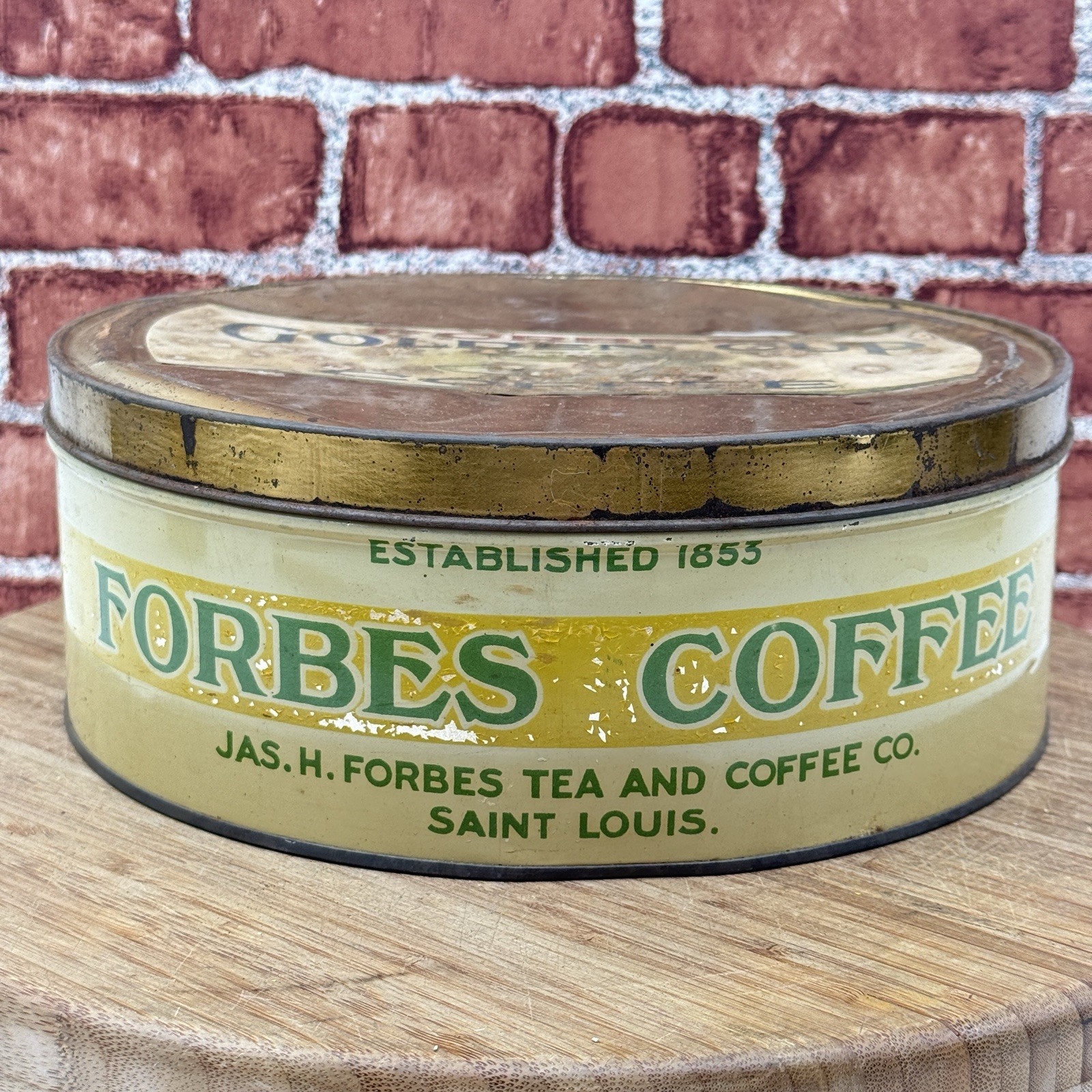 Vintage FORBES COFFEE Golden Cup Cake Box tin - St. Louis Missouri