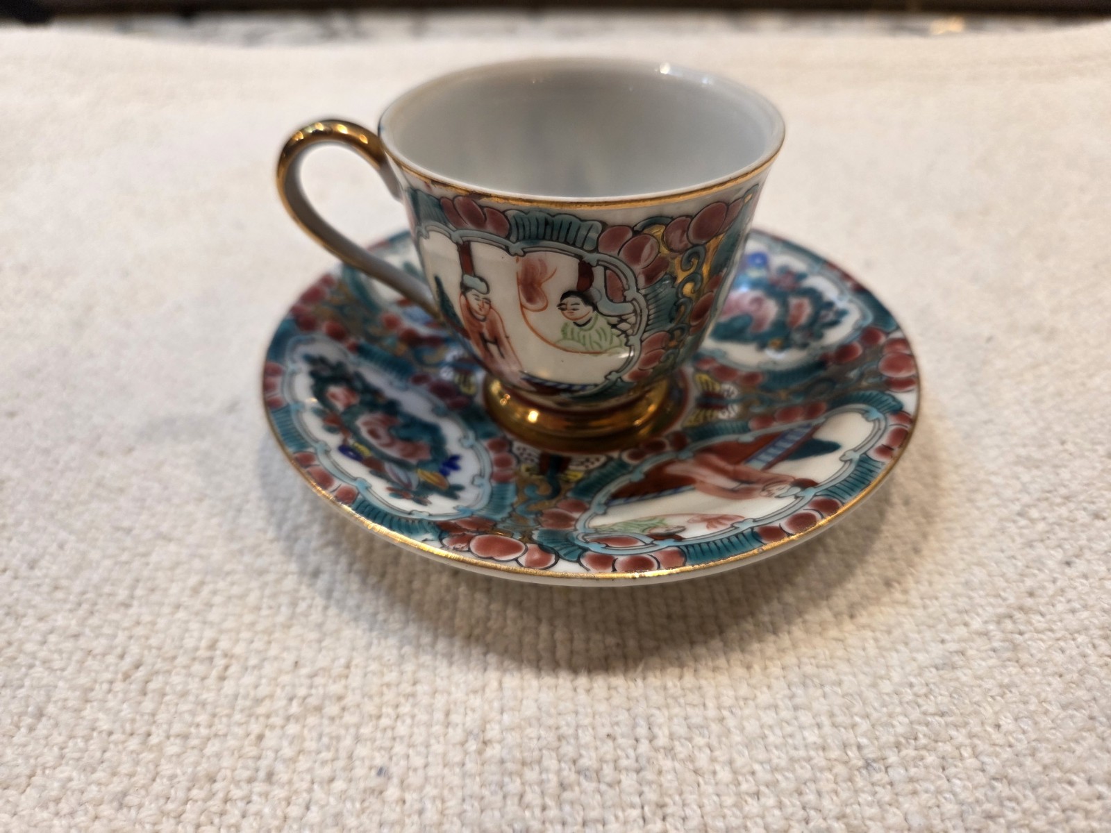 Antique Chinese Export Hand Painted Rose Medallion Demitasse Cup & Saucer