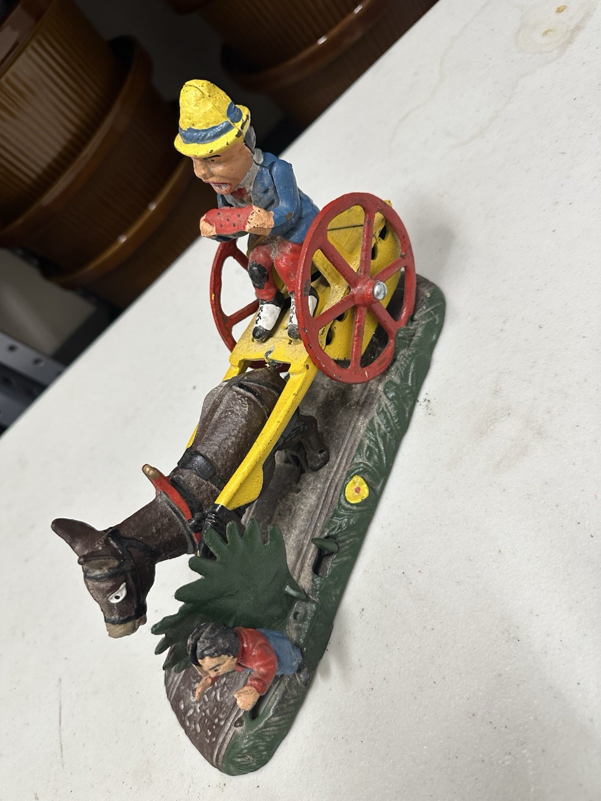 Antique Cast Iron Mechanical Coin Bank - Bad Accident Mule & Cart
